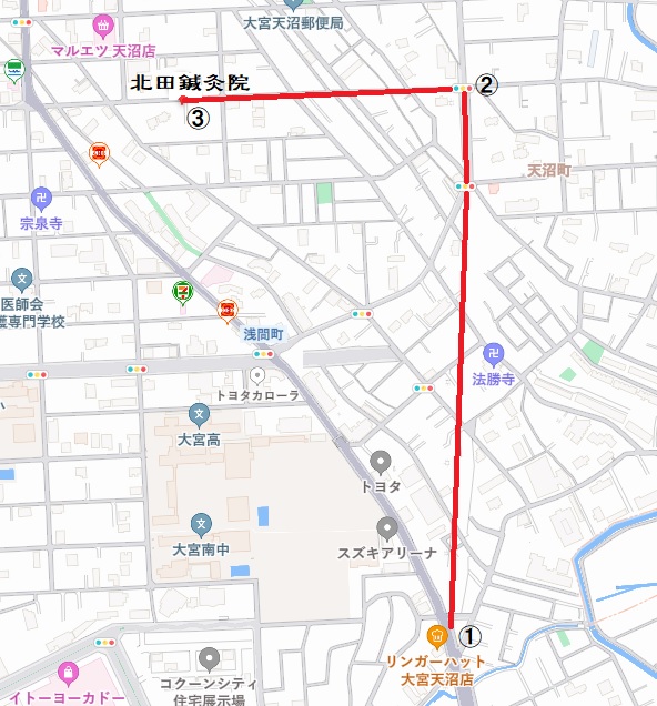 さいたま市浦和区、川口市などから、産業道路で北田鍼灸院へ来られる方